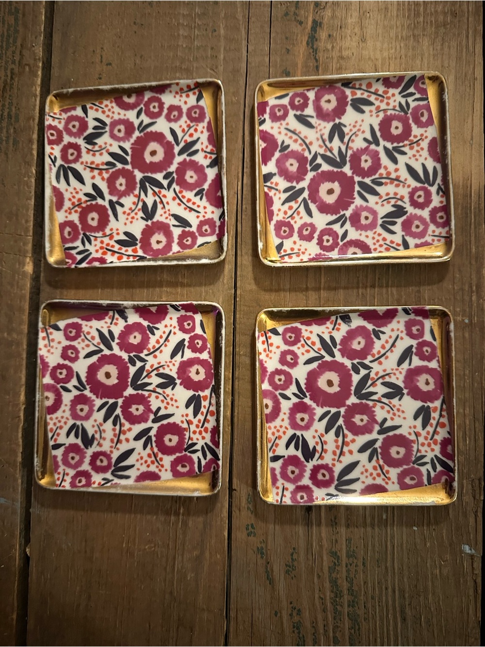 Anthropologie Floral Square Ceramic Coasters with Gold Edge - Pink